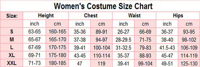 Le donne dimensioni cosplay tabella